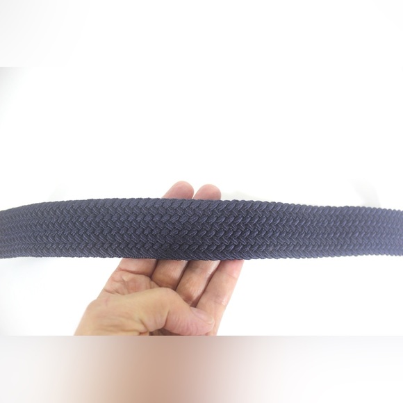 Dark Blue Stretch Belt with Dark Brown Leather Silver Buckle, Leather Detail - Picture 6 of 8